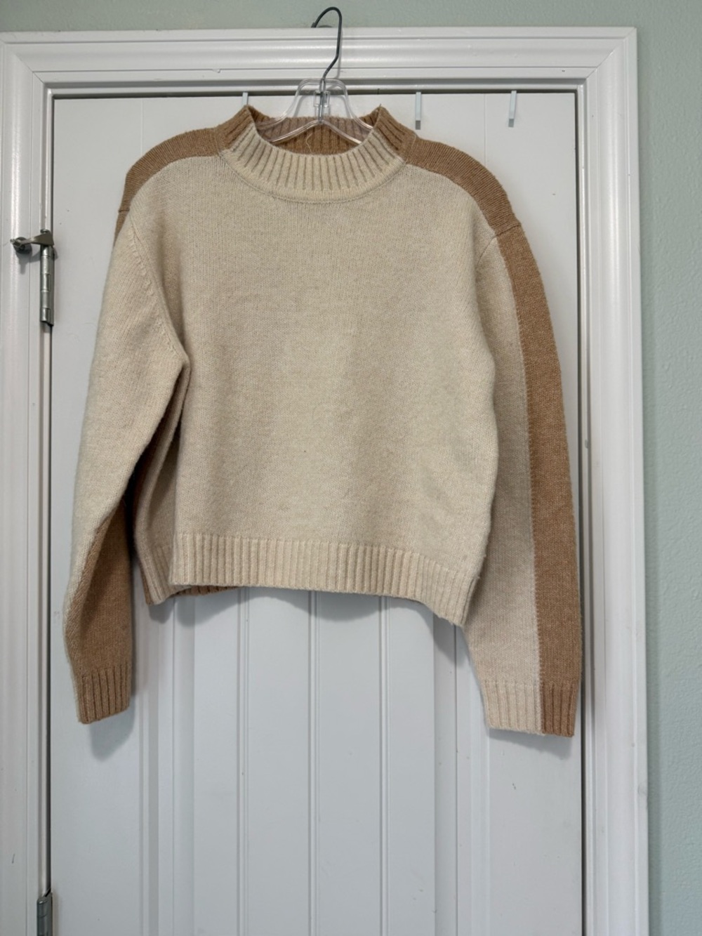 Elan Cream and Tan Colorblock Crewneck Sweater
